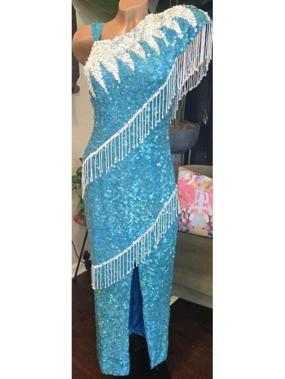 Vintage Alyce Designs 100% Silk Beaded Turquoise Evening Gown Sz 12